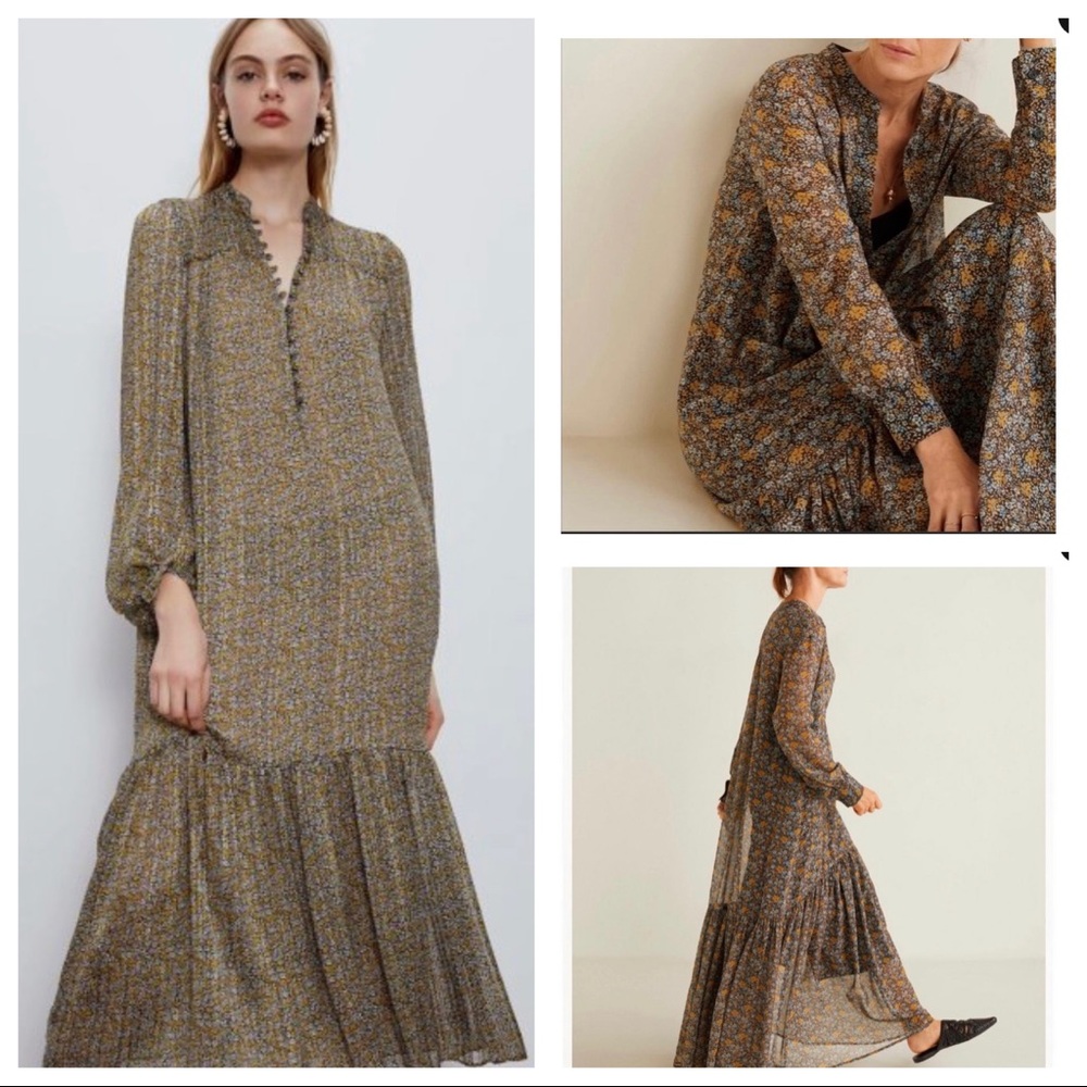 Zara peach tiered long sleeve mango chiffon boho maxi gown dress